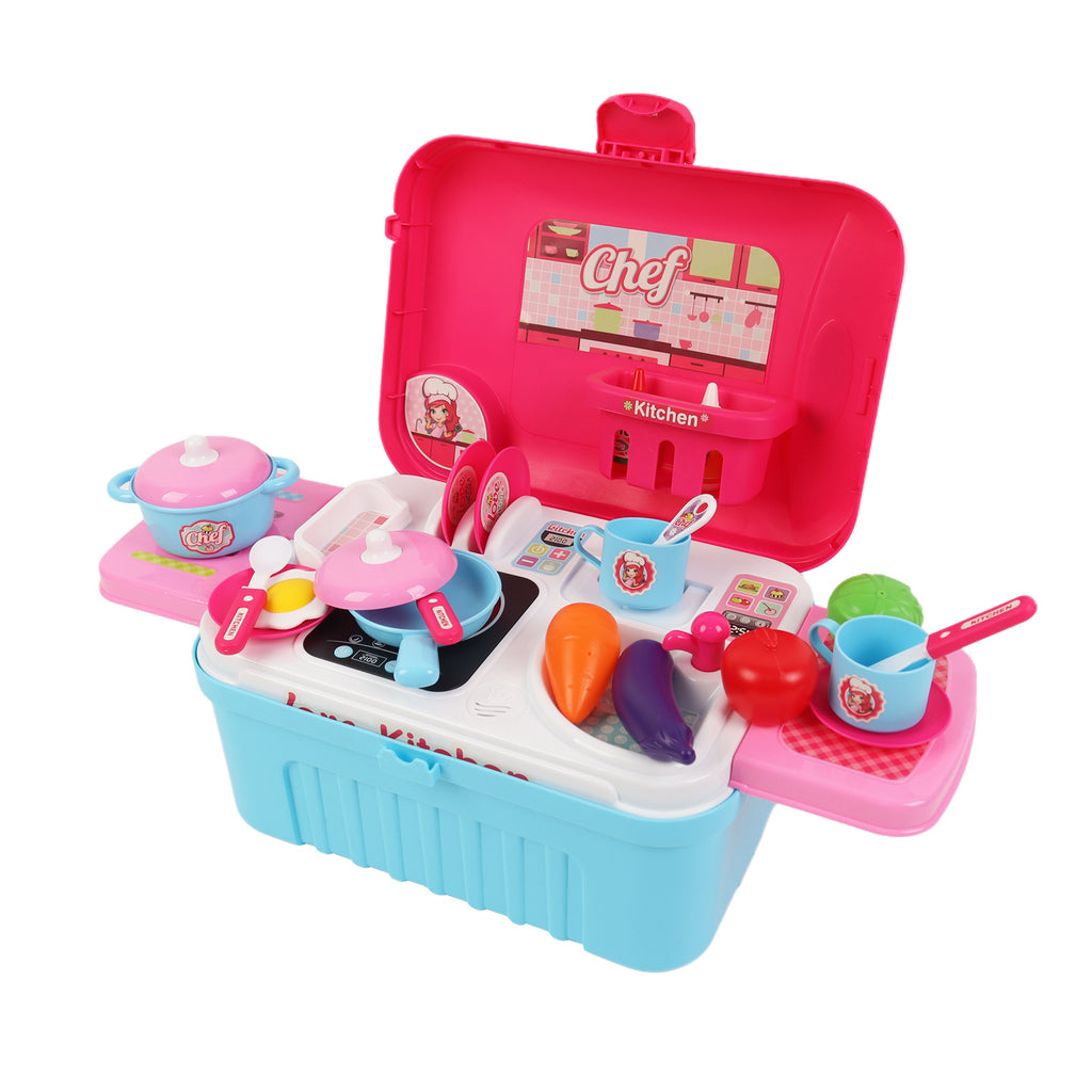 3-in-1 Kids Pretend Kitchen Cooking Toy Portable Storage Suitcase Role Play