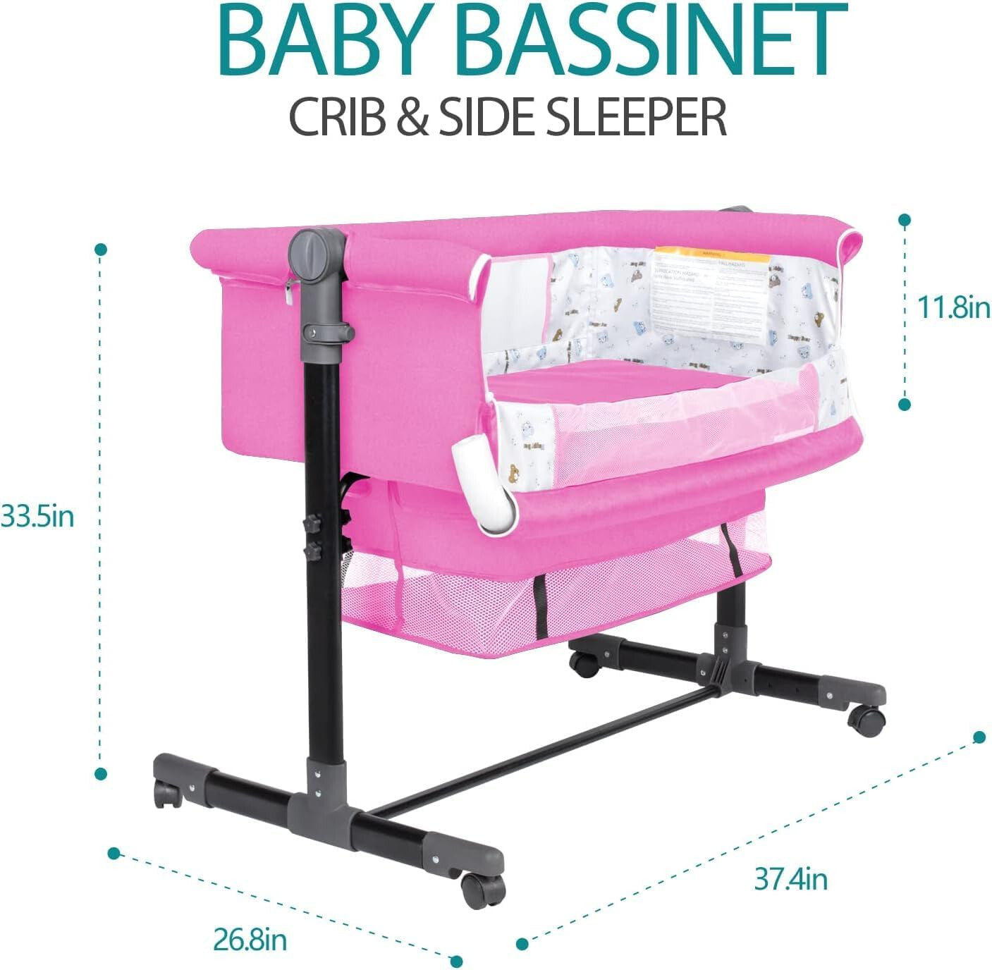 Bedside Crib for Baby Bassinet Sleeper with Wheels, Height Adjustable Tilts