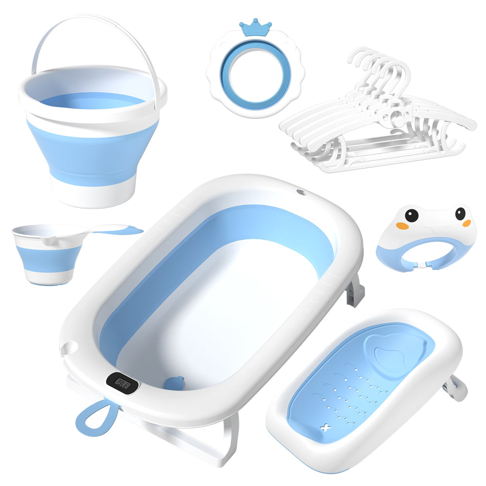 7 in 1 Baby Foldable Bathtub Anti Slip Bath Seat With Accessories Gift Set Blue
