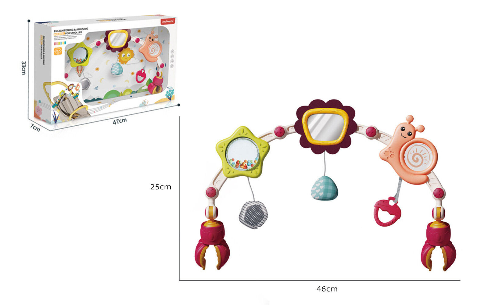 Baby Pram Play Arch Toy - Clip on Cot Activity Bar for Babies with Rattle Mirror