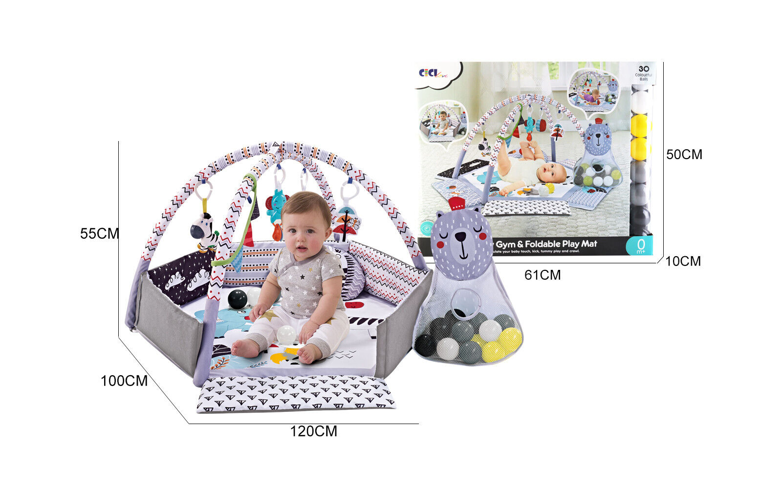 Gym Activity Foldable Play Mat Bag 30-Balls Tummy Play Kick Stimulate Your Baby (Grey)