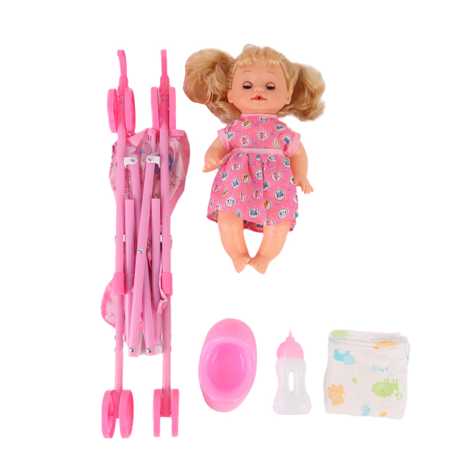 Baby Doll Stroller Set Toy Push Doll Nurturing Pretend Playset Girls Pink 14"