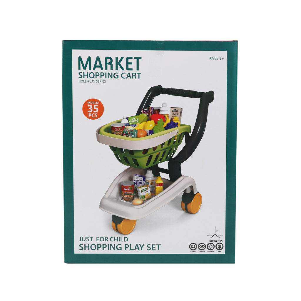 Kids Supermarket Grocery Cart Trolley Pretend Toy Set With Products 35 Pcs Green