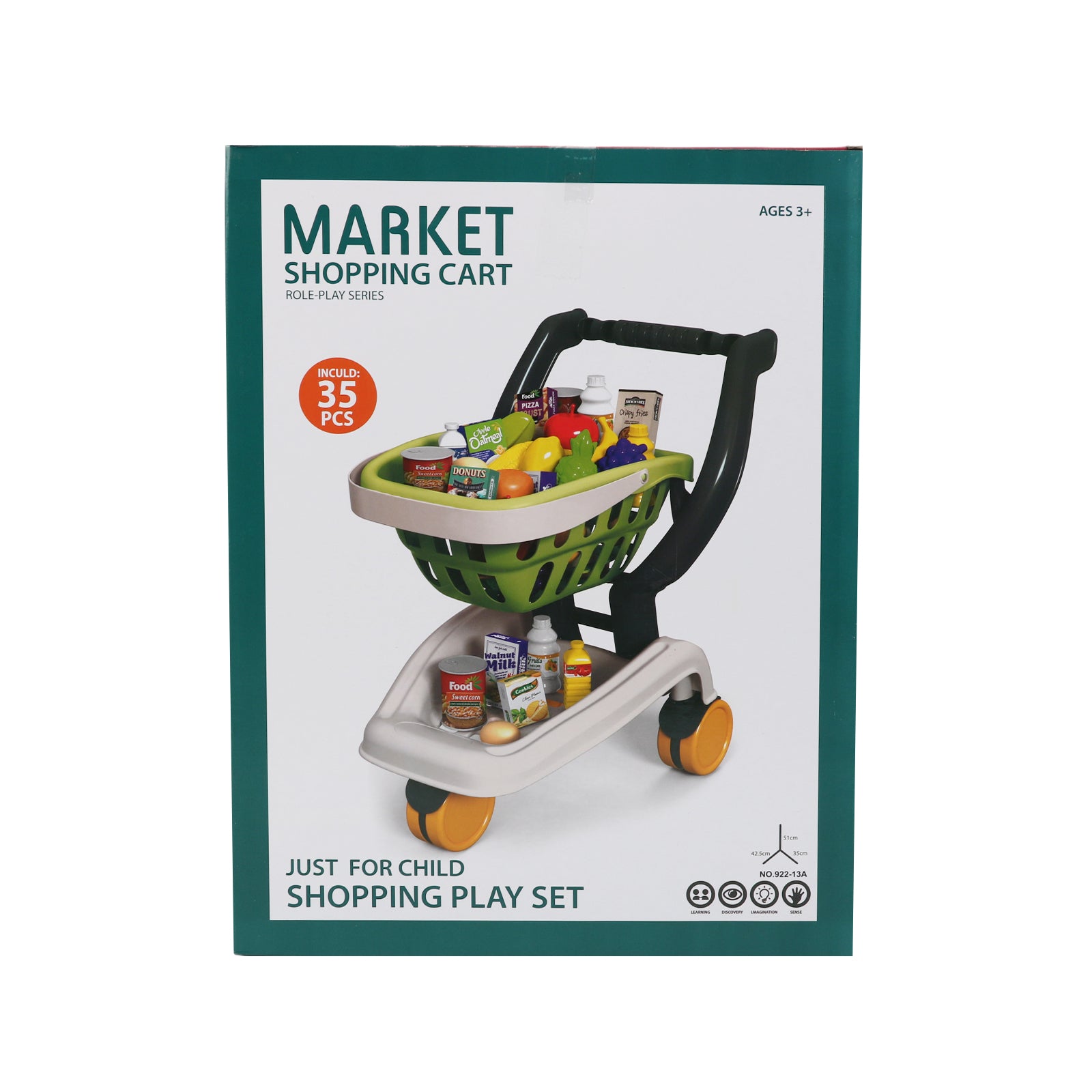 Kids Supermarket Grocery Cart Trolley Pretend Toy Set With Products 35 Pcs Green