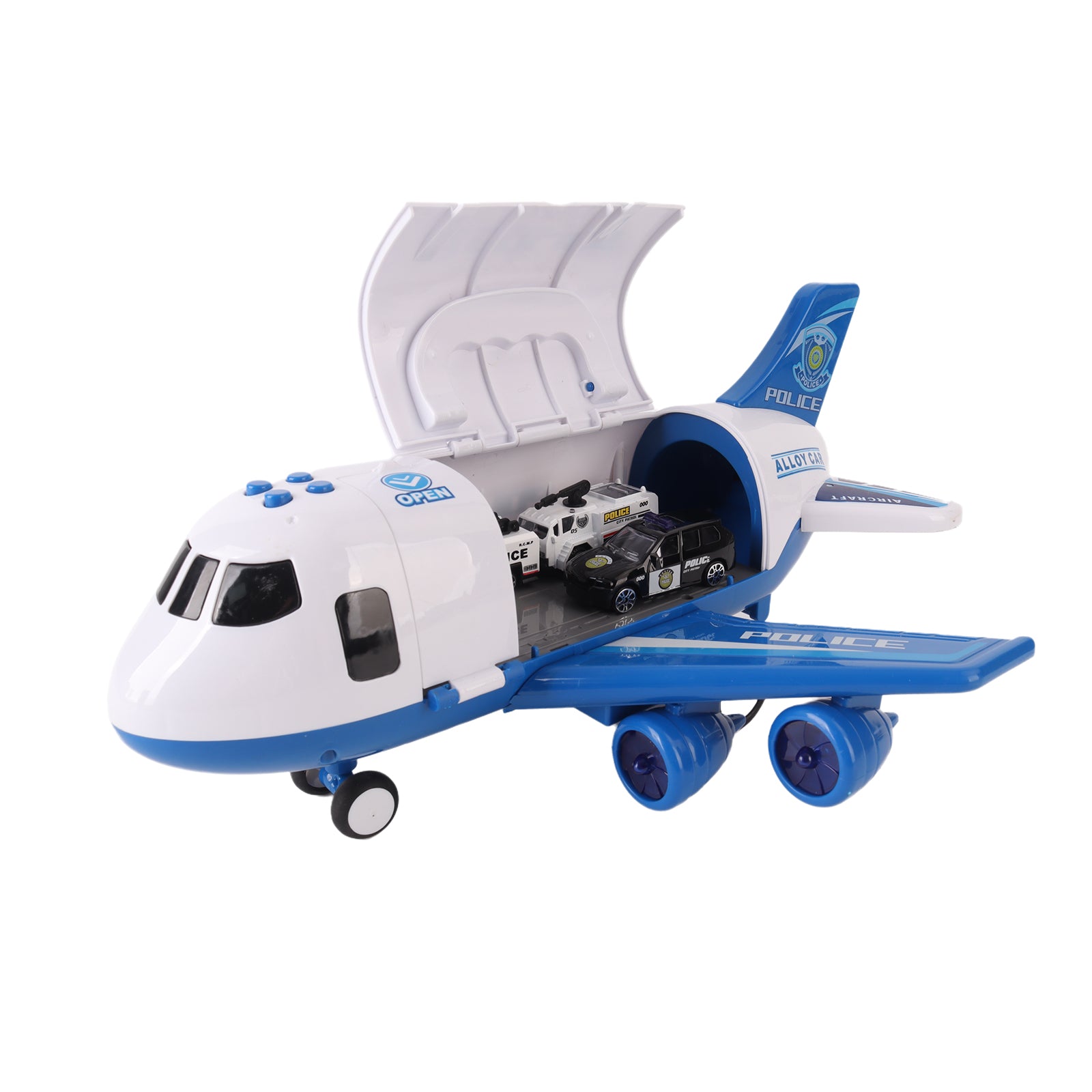 Transport Cargo Airplane Play Set Storage Aircraft Police Cars Trucks Kids Toy