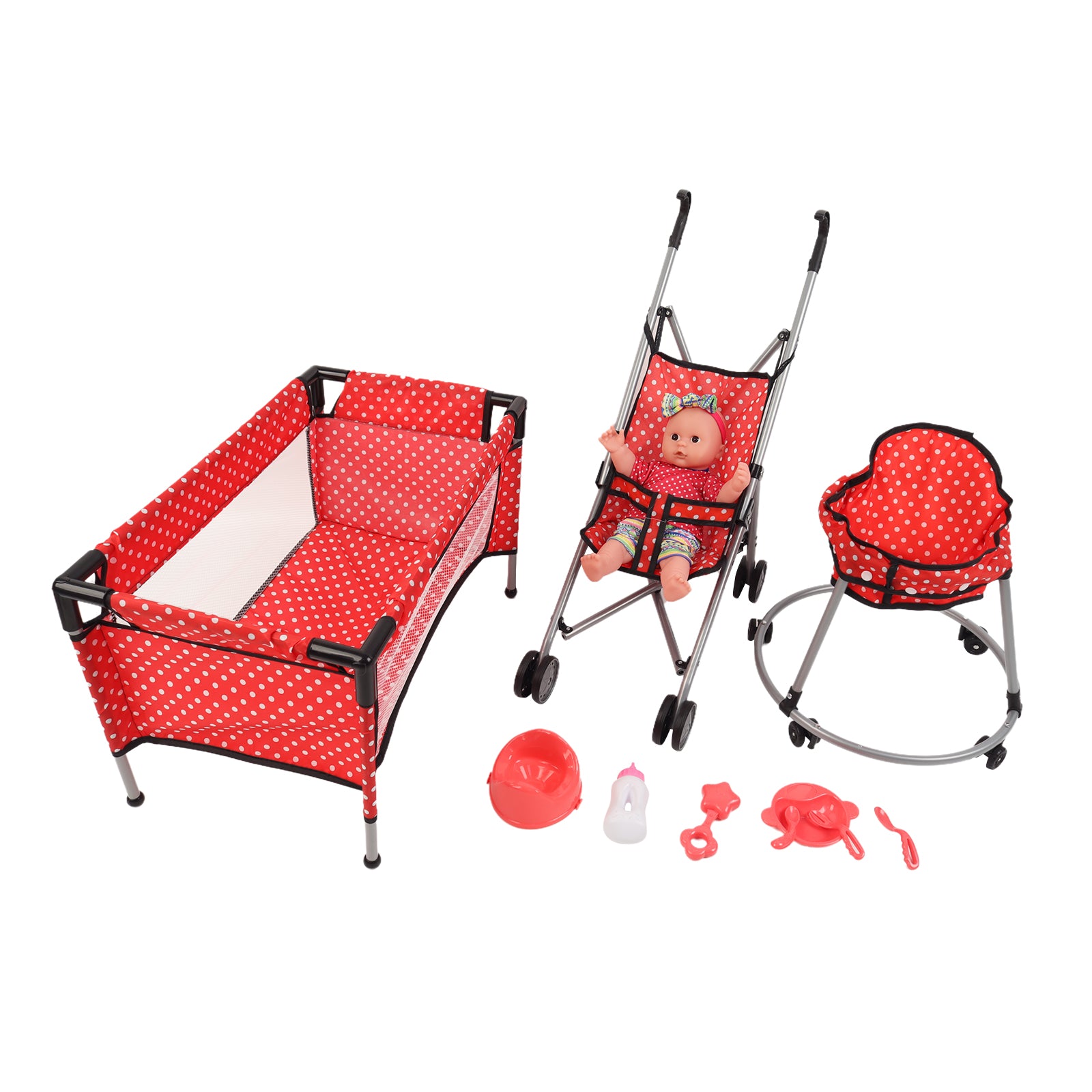 Baby Doll Set Toy Push Stroller Walker Infant Crib Nurturing Pretend Playset Red