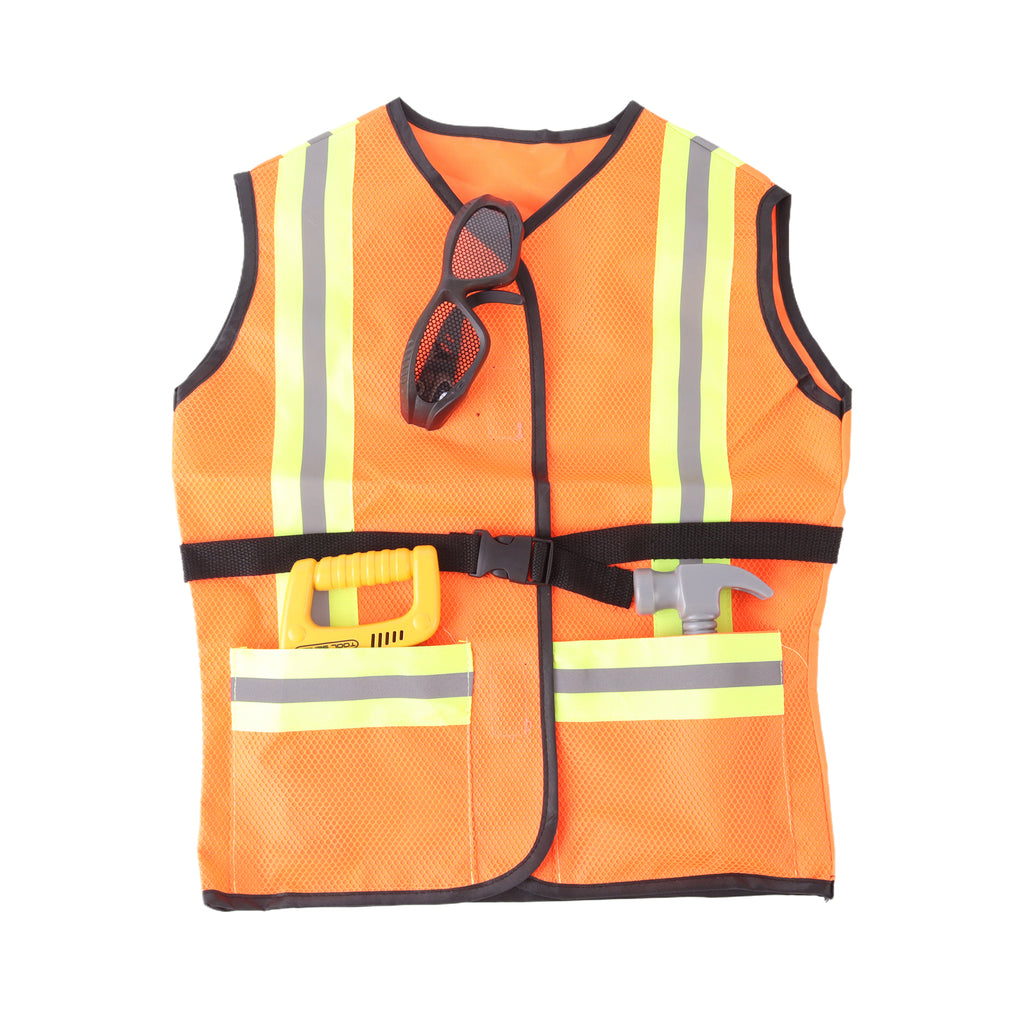 Kids Construction Worker Costume Set with Helmet Hammer Saw Vest Pretend Play