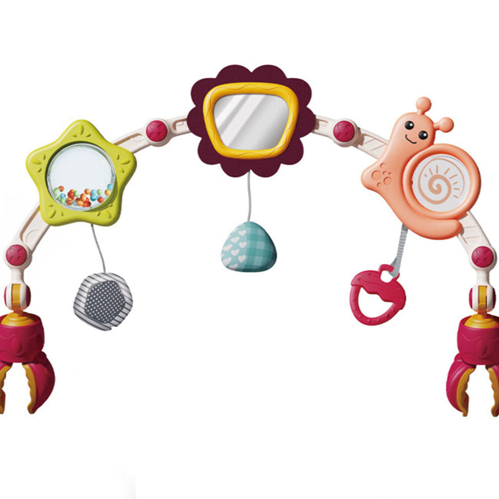 Baby Pram Play Arch Toy - Clip on Cot Activity Bar for Babies with Rattle Mirror
