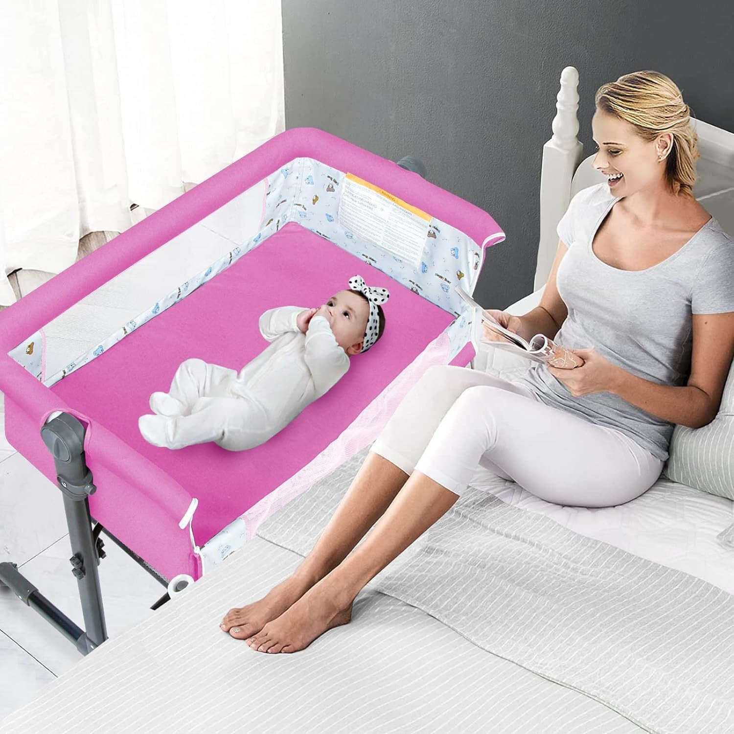 Bedside Crib for Baby Bassinet Sleeper with Wheels, Height Adjustable Tilts