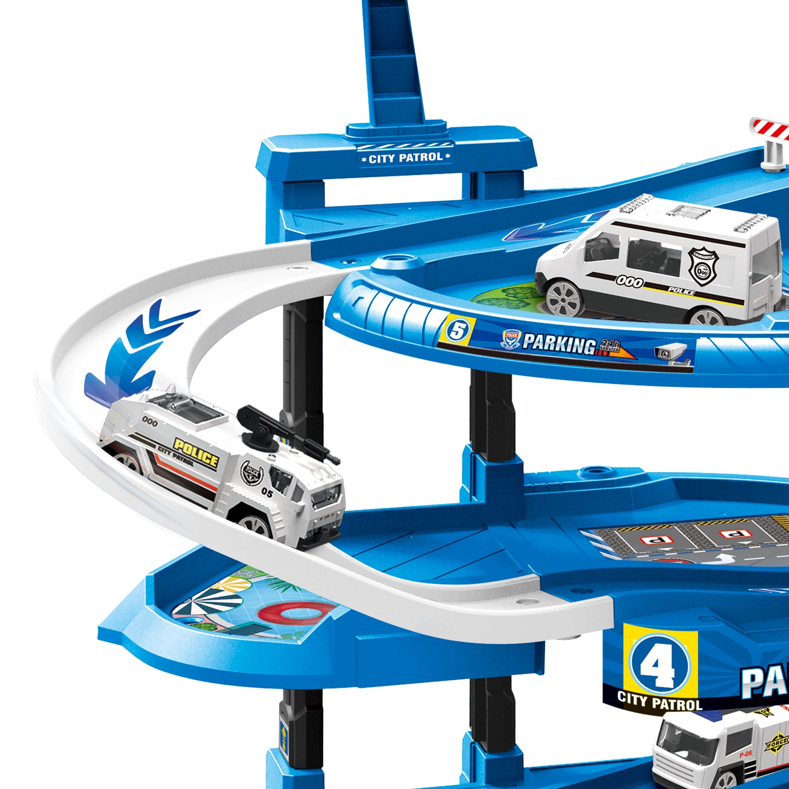 Kids Parking Garage Spiral Track 5 Levels Emergency Service Car Toy Set Play Mat