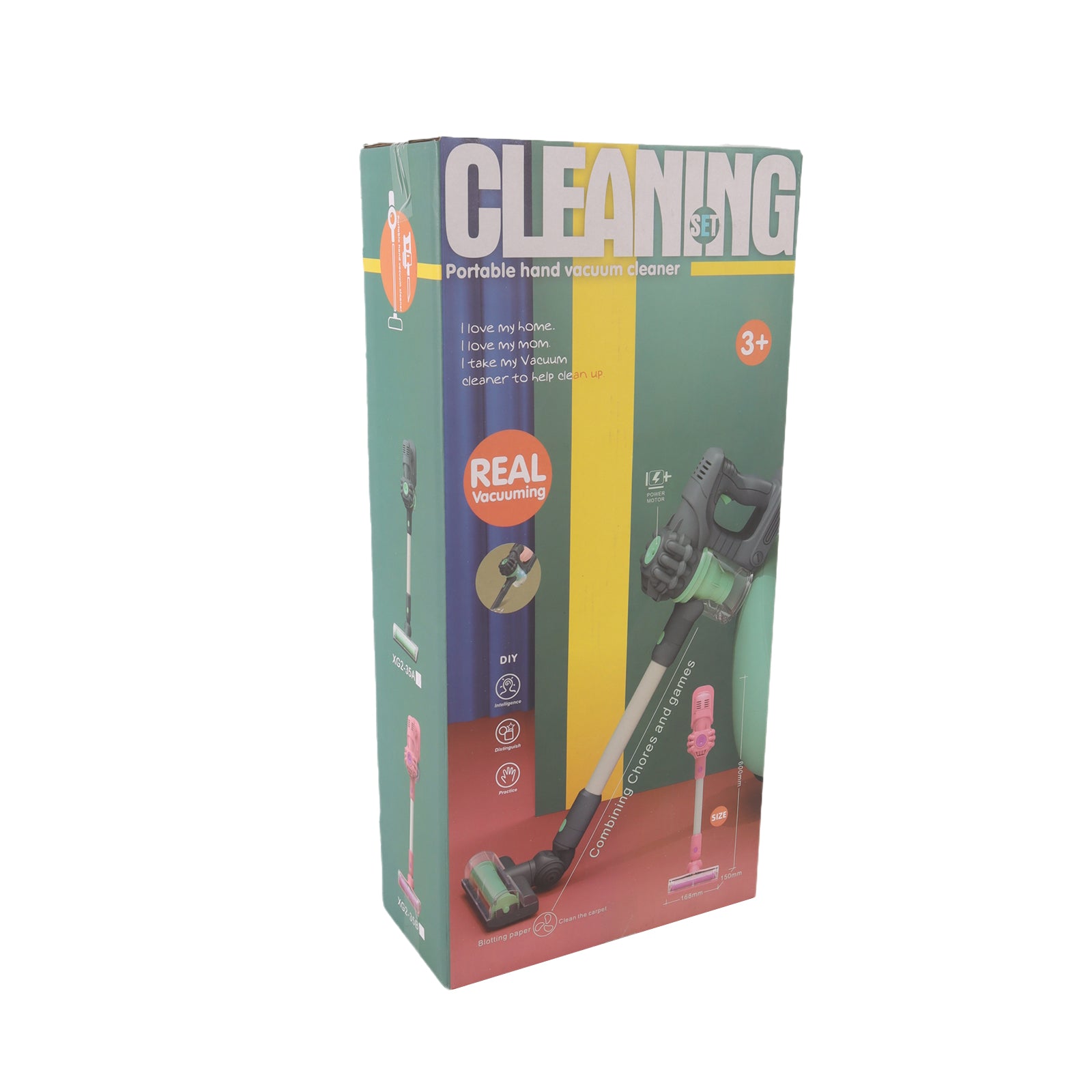 Cleaning Housework Pretend Trolley & Vacuum Toy Mop Brushes Two Play Sets Green
