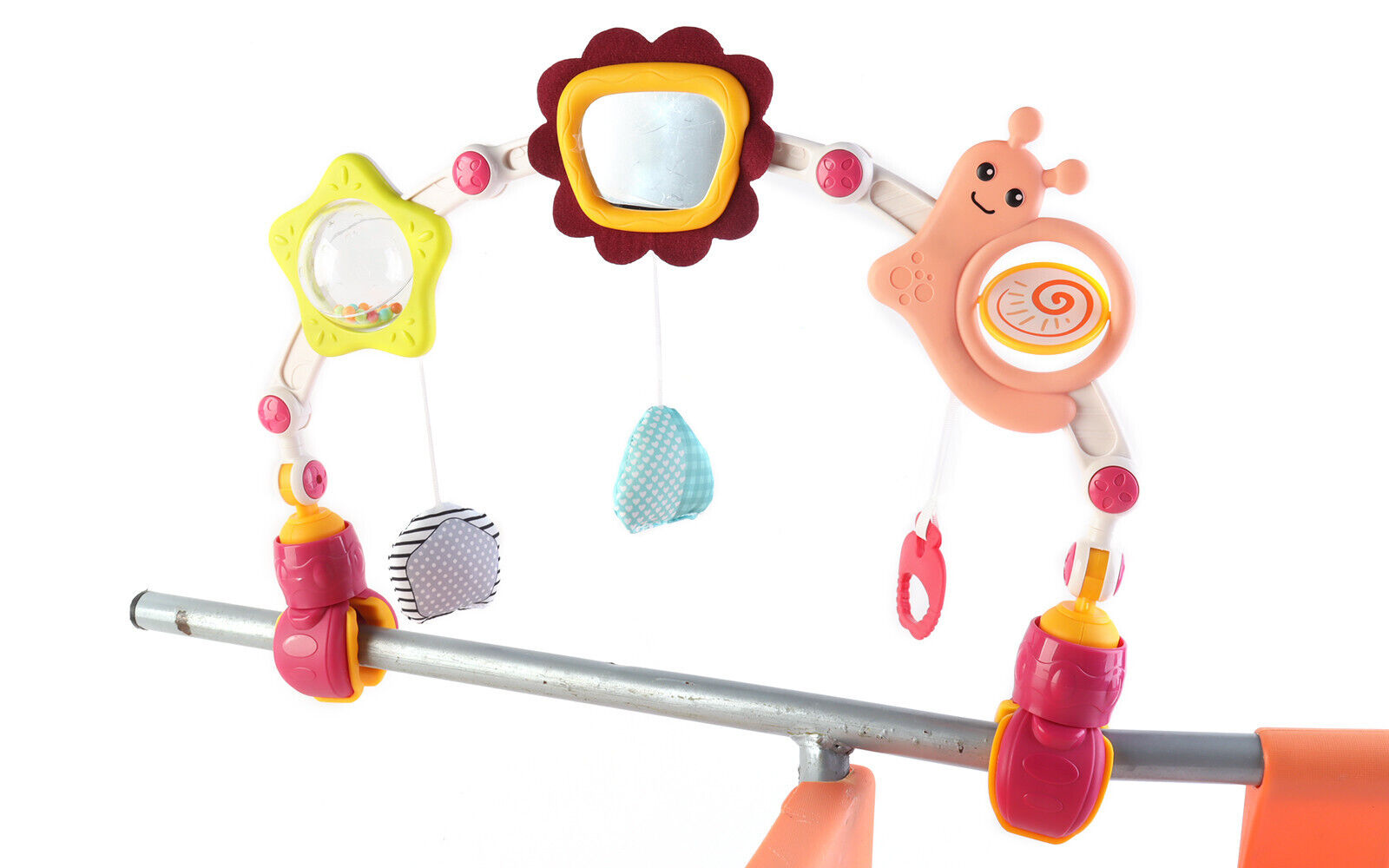 Baby Pram Play Arch Toy - Clip on Cot Activity Bar for Babies with Rattle Mirror