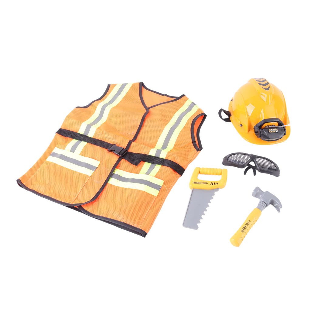 Kids Construction Worker Costume Set with Helmet Hammer Saw Vest Pretend Play