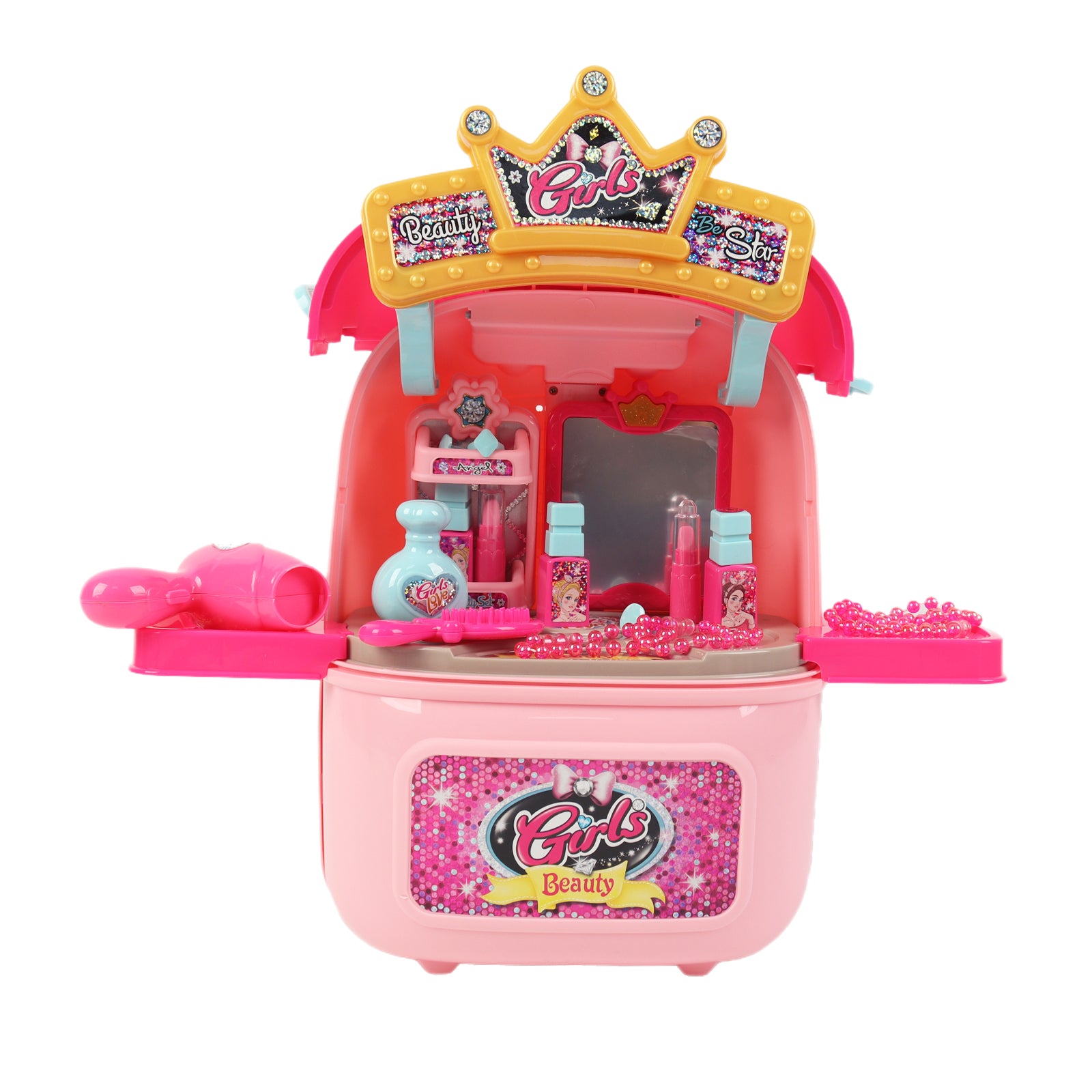 Girls 2in1 Table Vanity Mirror Portable Rolling Case Set Pretend Play Toy Pink