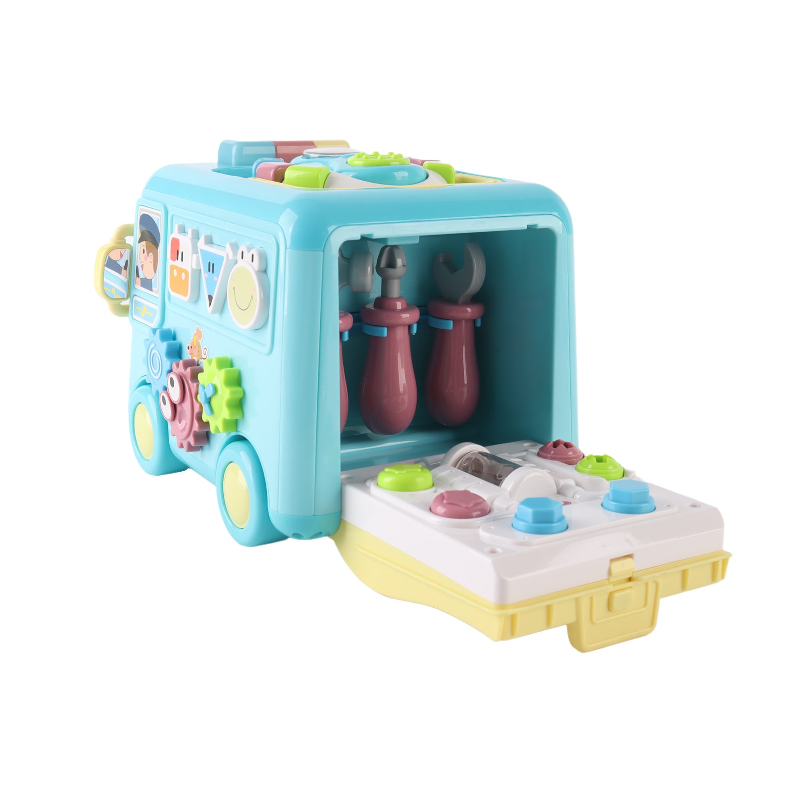 Kids Sensory Multifunction Bus Toy with Music Interactive Learning Toy Blue