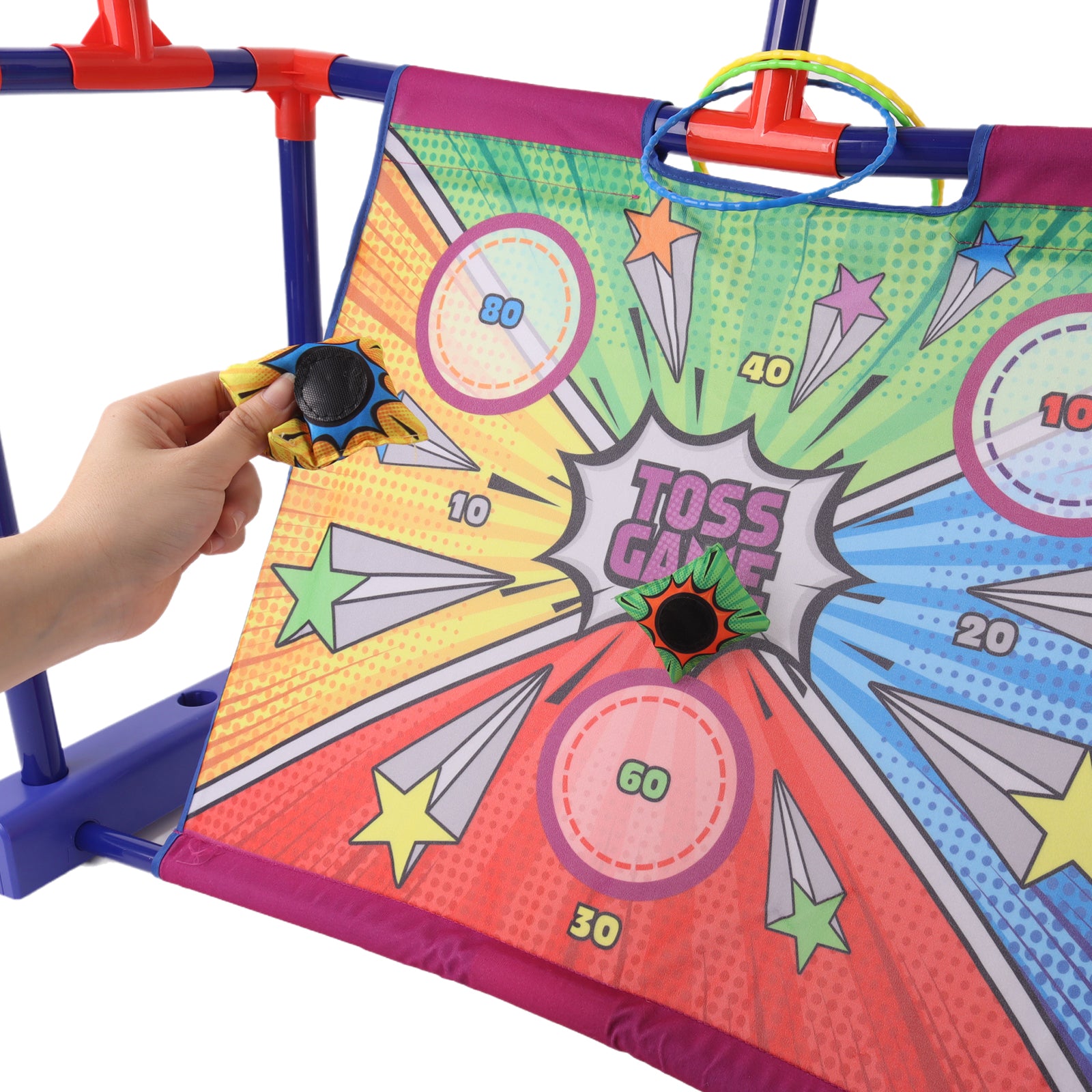 4-in-1 Kids Throwing Game Set – Basketball Hoop, Bean Bag Toss & Football Fun