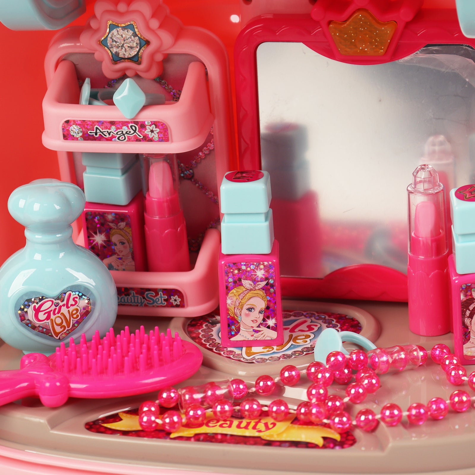 Girls 2in1 Table Vanity Mirror Portable Rolling Case Set Pretend Play Toy Pink