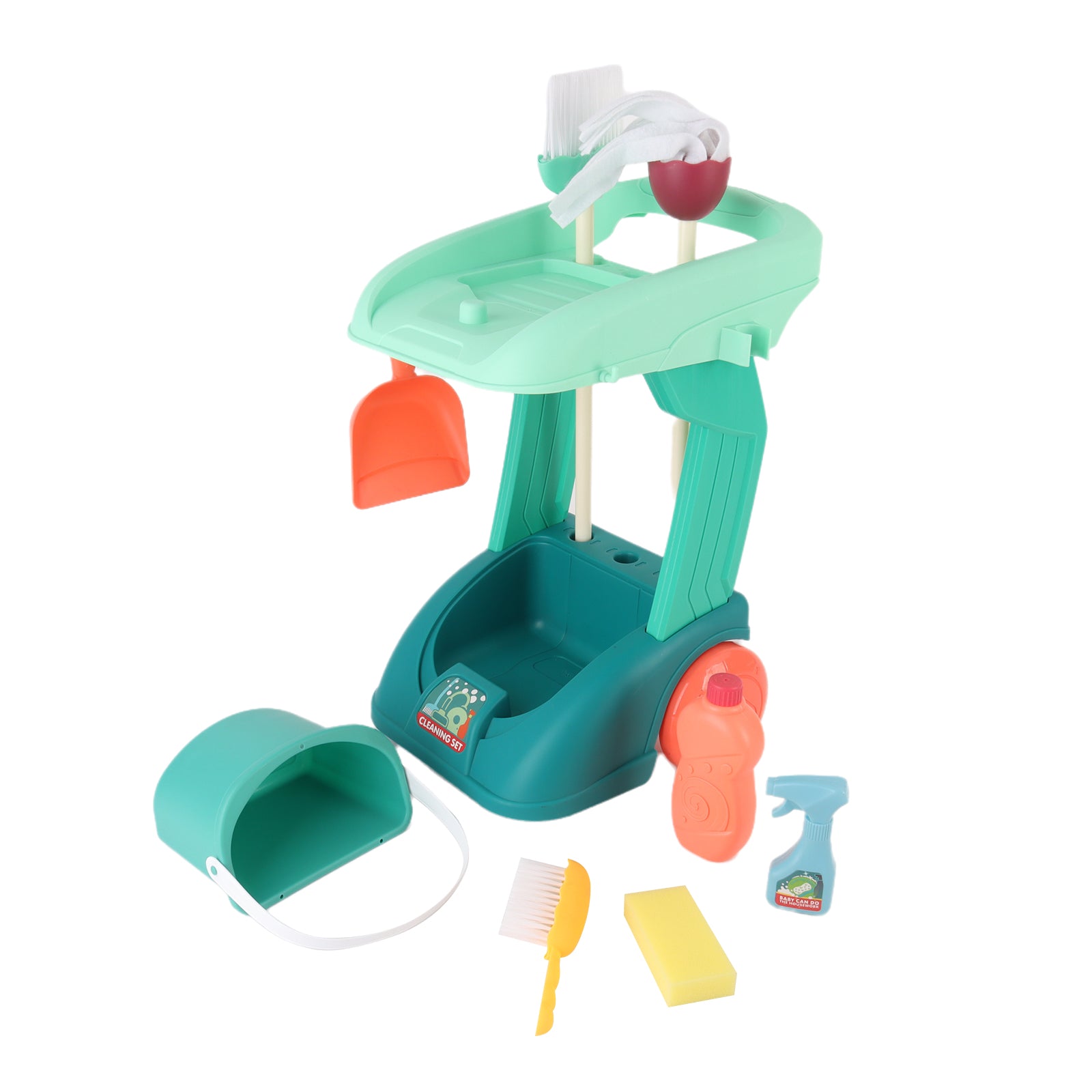 Cleaning Housework Pretend Trolley & Vacuum Toy Mop Brushes Two Play Sets Green