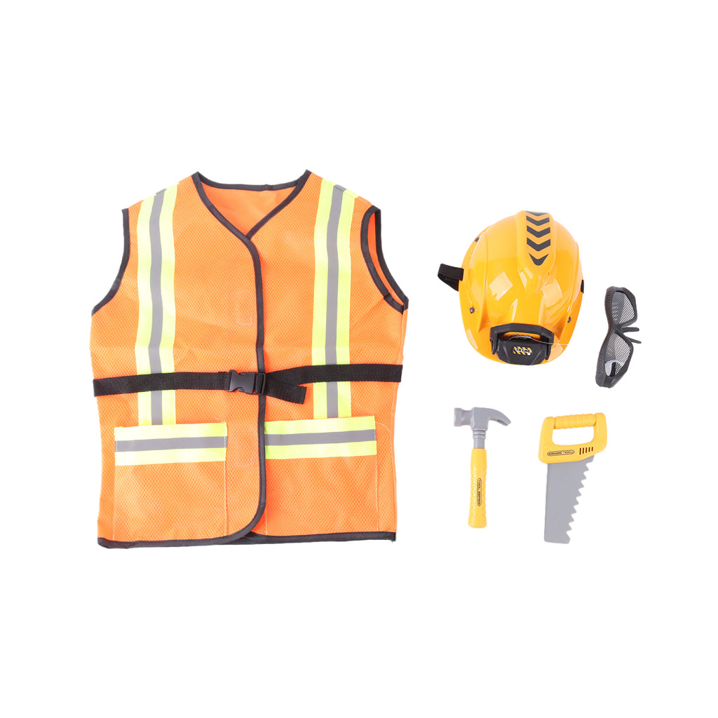 Kids Construction Worker Costume Set with Helmet Hammer Saw Vest Pretend Play
