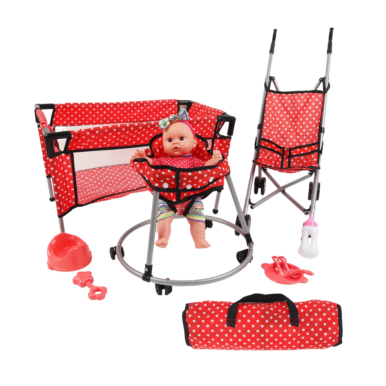 Baby Doll Set Toy Push Stroller Walker Infant Crib Nurturing Pretend Playset Red