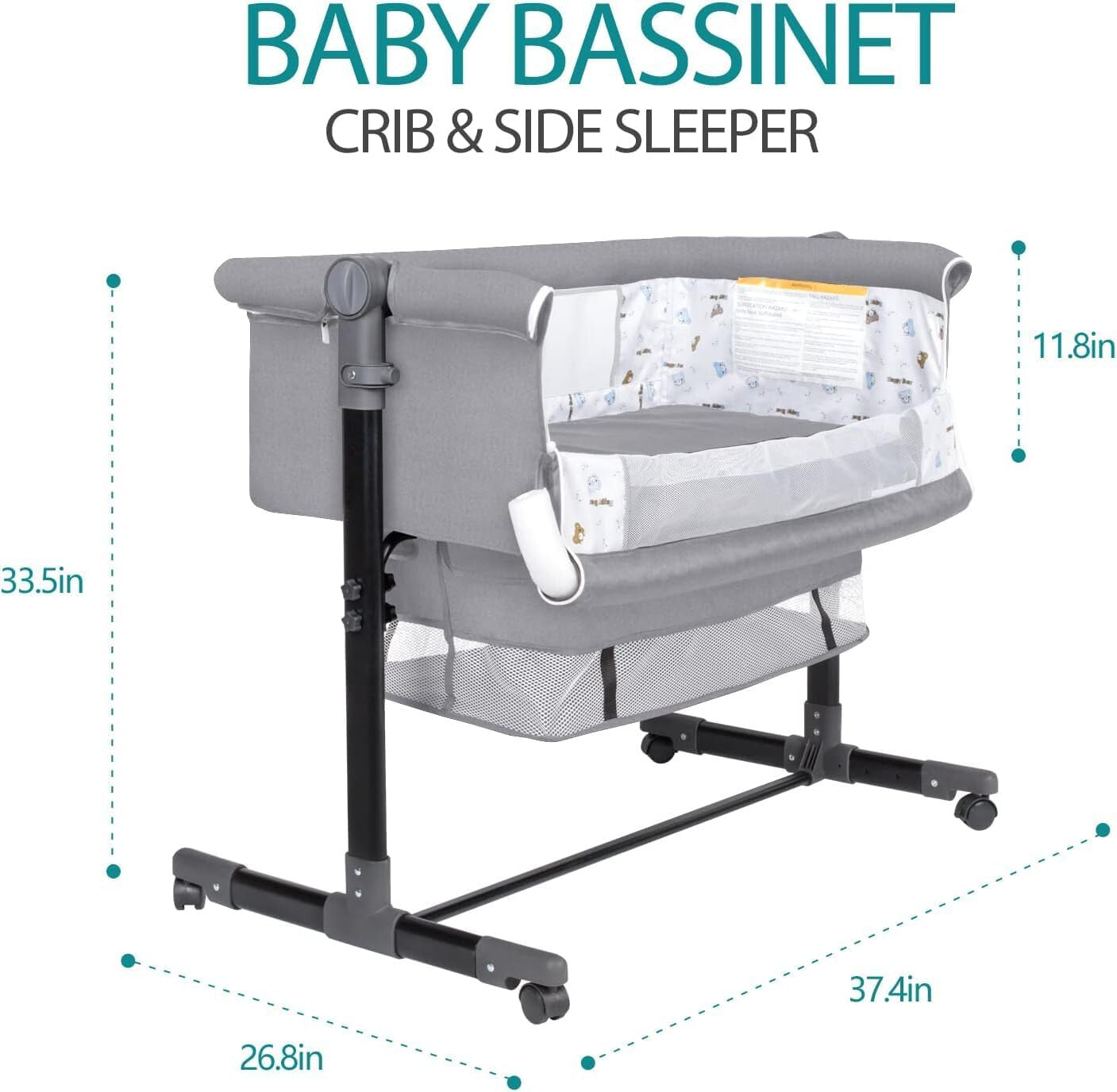Bedside Crib for Baby Bassinet Sleeper with Wheels, Height Adjustable Tilts