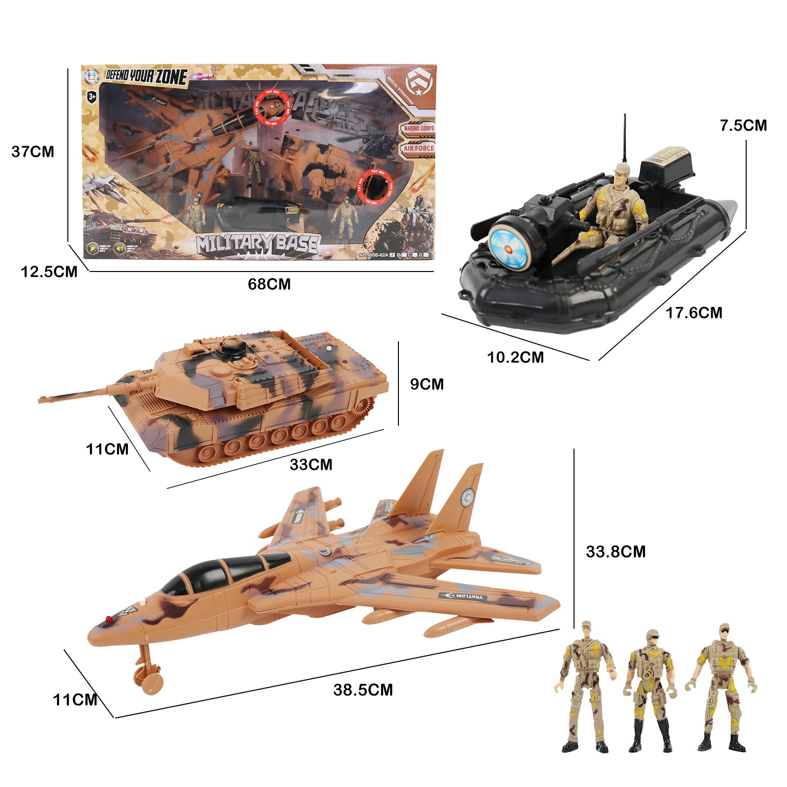 Military Base Set Soldiers Jet Tank Raft Action Figure Accessories Light & Sound