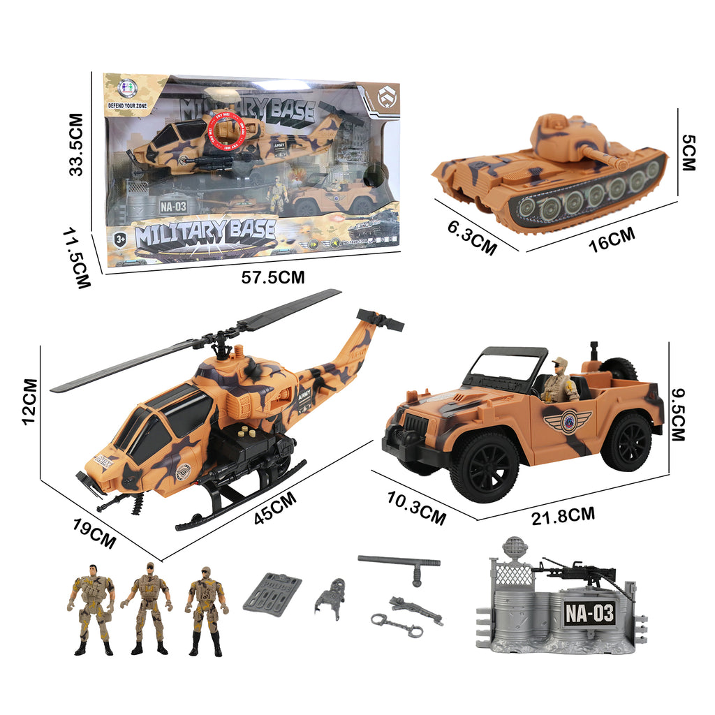 Military Base Set Toy Soldiers Helicopter Tank Jeep Action Figure Light & Sound