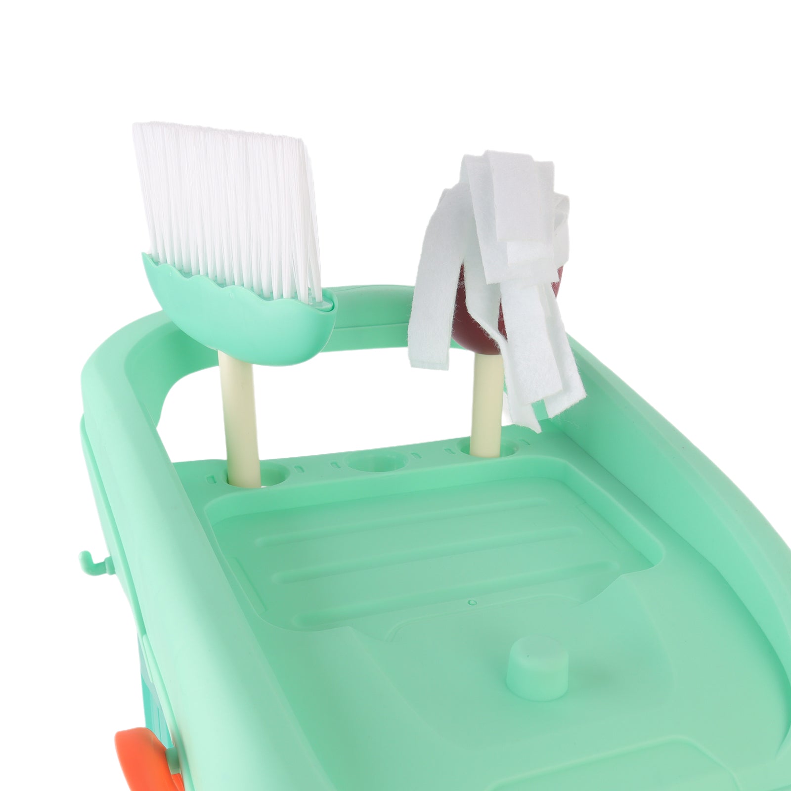 Cleaning Housework Pretend Trolley & Vacuum Toy Mop Brushes Two Play Sets Green
