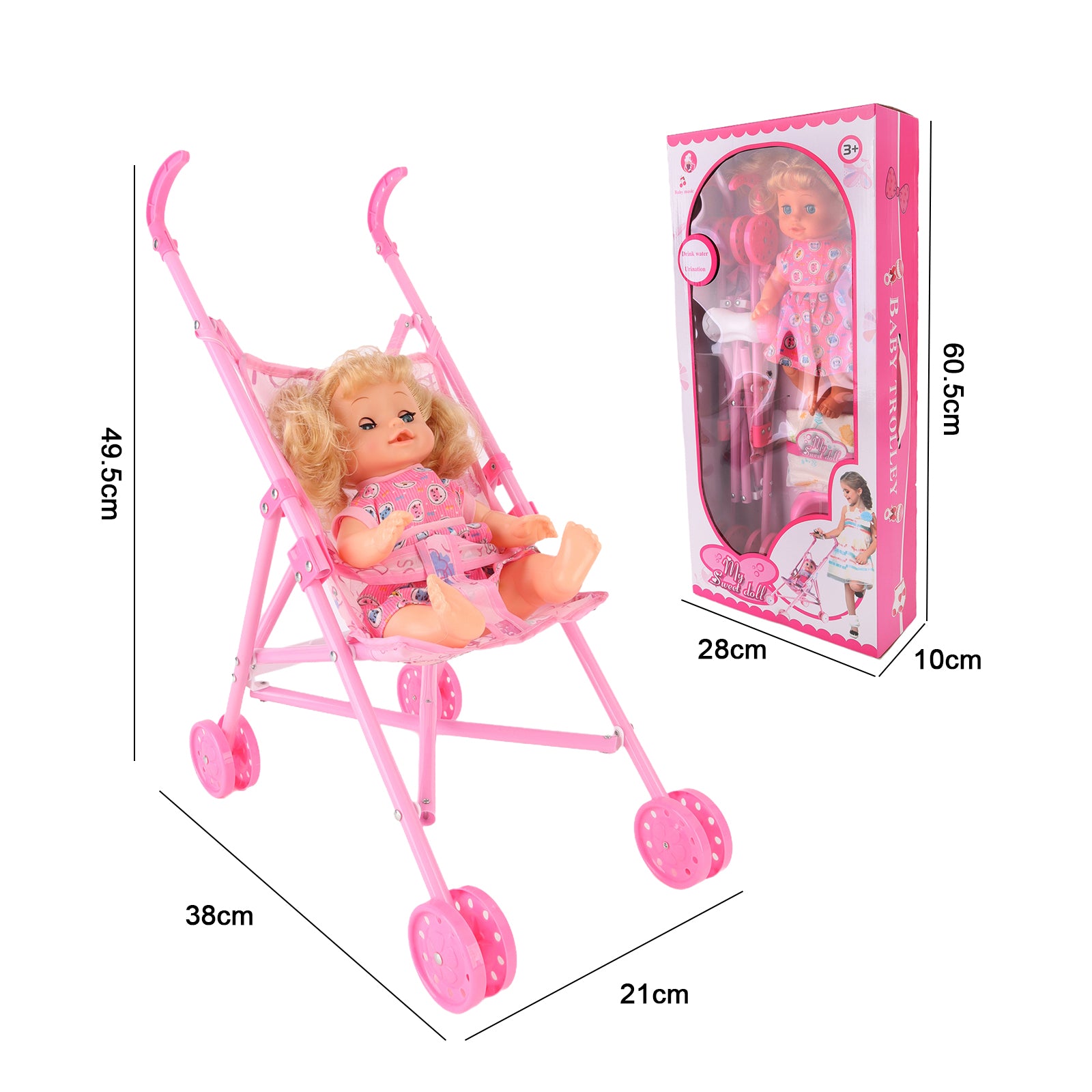 Baby Doll Stroller Set Toy Push Doll Nurturing Pretend Playset Girls Pink 14"