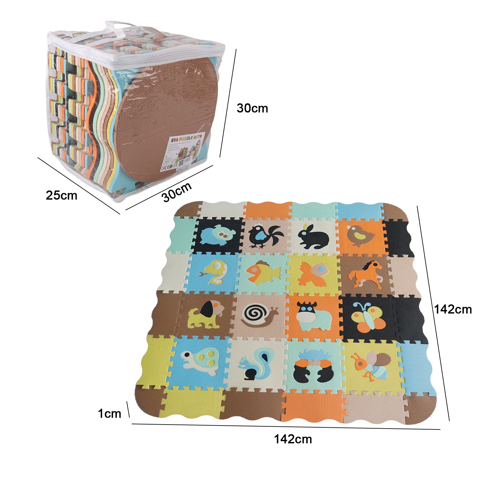EVA Foam Interlocking Baby Play Mat - 36pc Set with Animal Shapes and Safety Borders - 142cm x 142cm