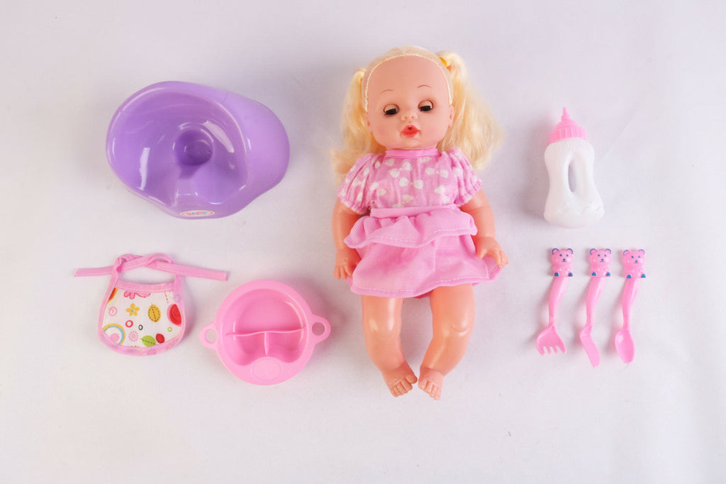 Baby Doll With Feeding Chair Bottle Baby Dish and Cutlery Pretend Play