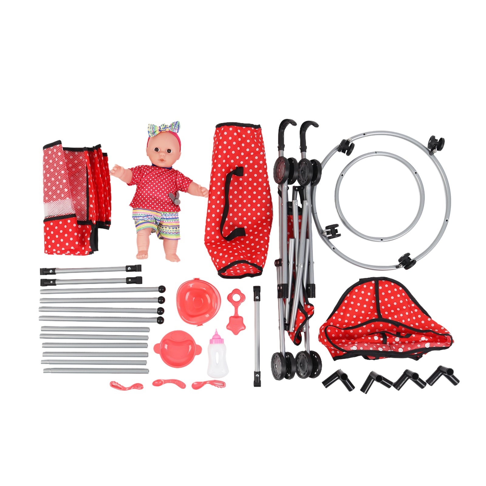 Baby Doll Set Toy Push Stroller Walker Infant Crib Nurturing Pretend Playset Red