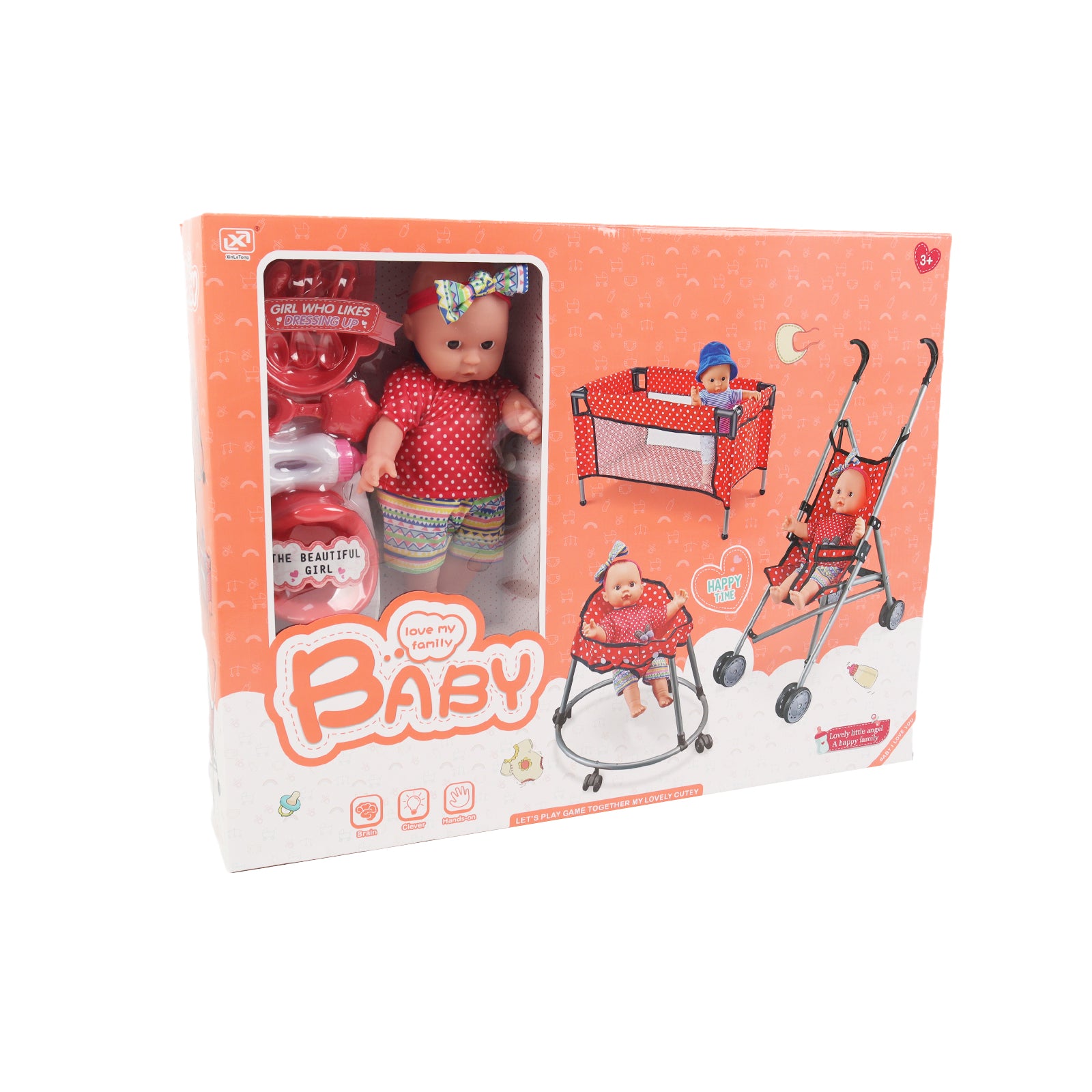Baby Doll Set Toy Push Stroller Walker Infant Crib Nurturing Pretend Playset Red