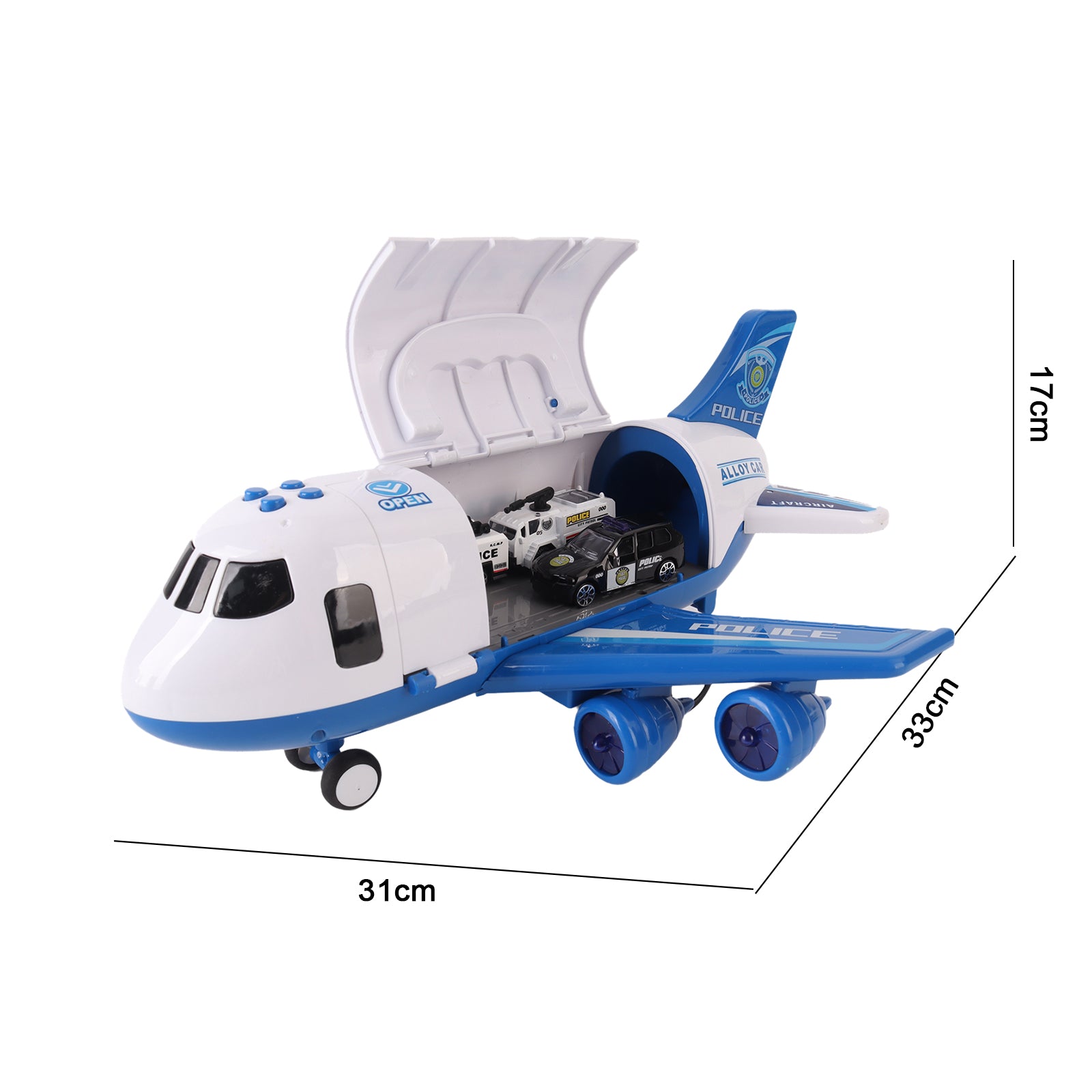 Transport Cargo Airplane Play Set Storage Aircraft Police Cars Trucks Kids Toy