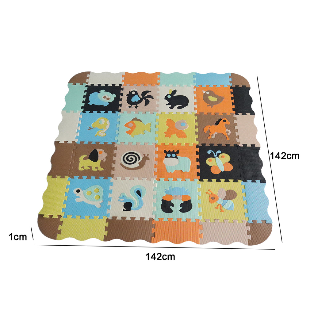EVA Foam Interlocking Baby Play Mat - 36pc Set with Animal Shapes and Safety Borders - 142cm x 142cm