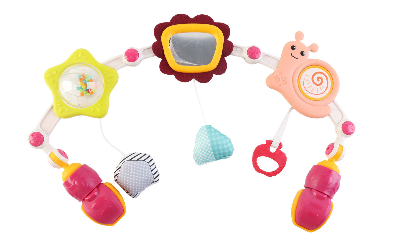 Baby Pram Play Arch Toy - Clip on Cot Activity Bar for Babies with Rattle Mirror