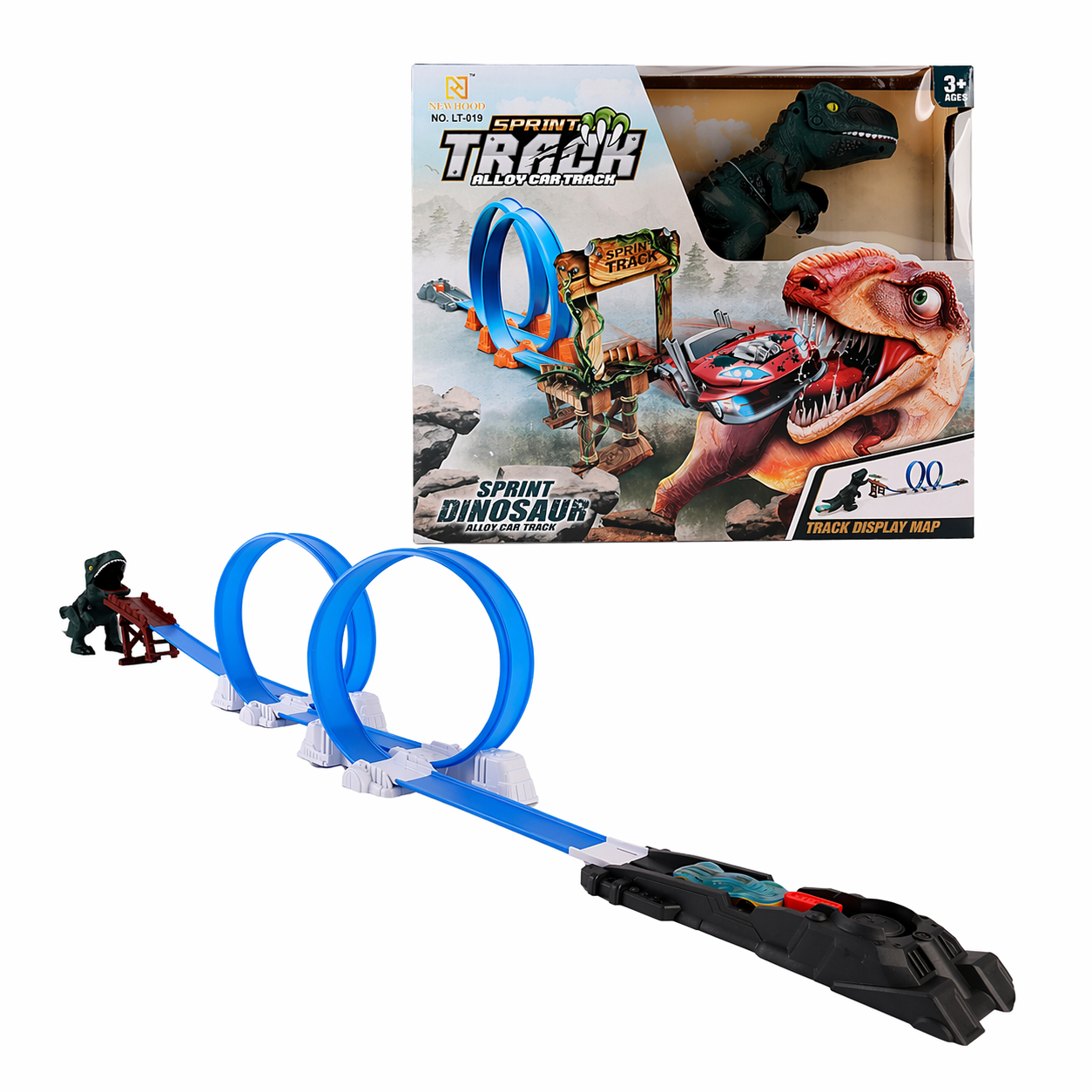T-Rex Dinosaur Double Loop Race Track, Interactive T-Rex Figure, Alloy Car, 159cm Race Track, Ages 3+