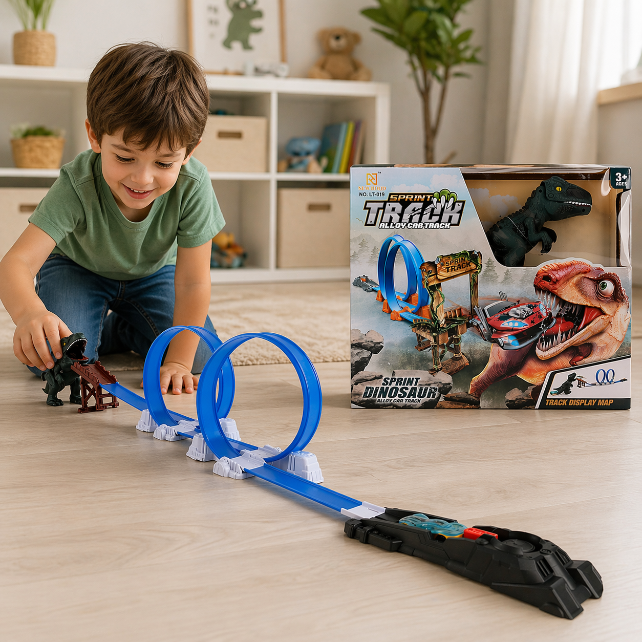 T-Rex Dinosaur Double Loop Race Track, Interactive T-Rex Figure, Alloy Car, 159cm Race Track, Ages 3+