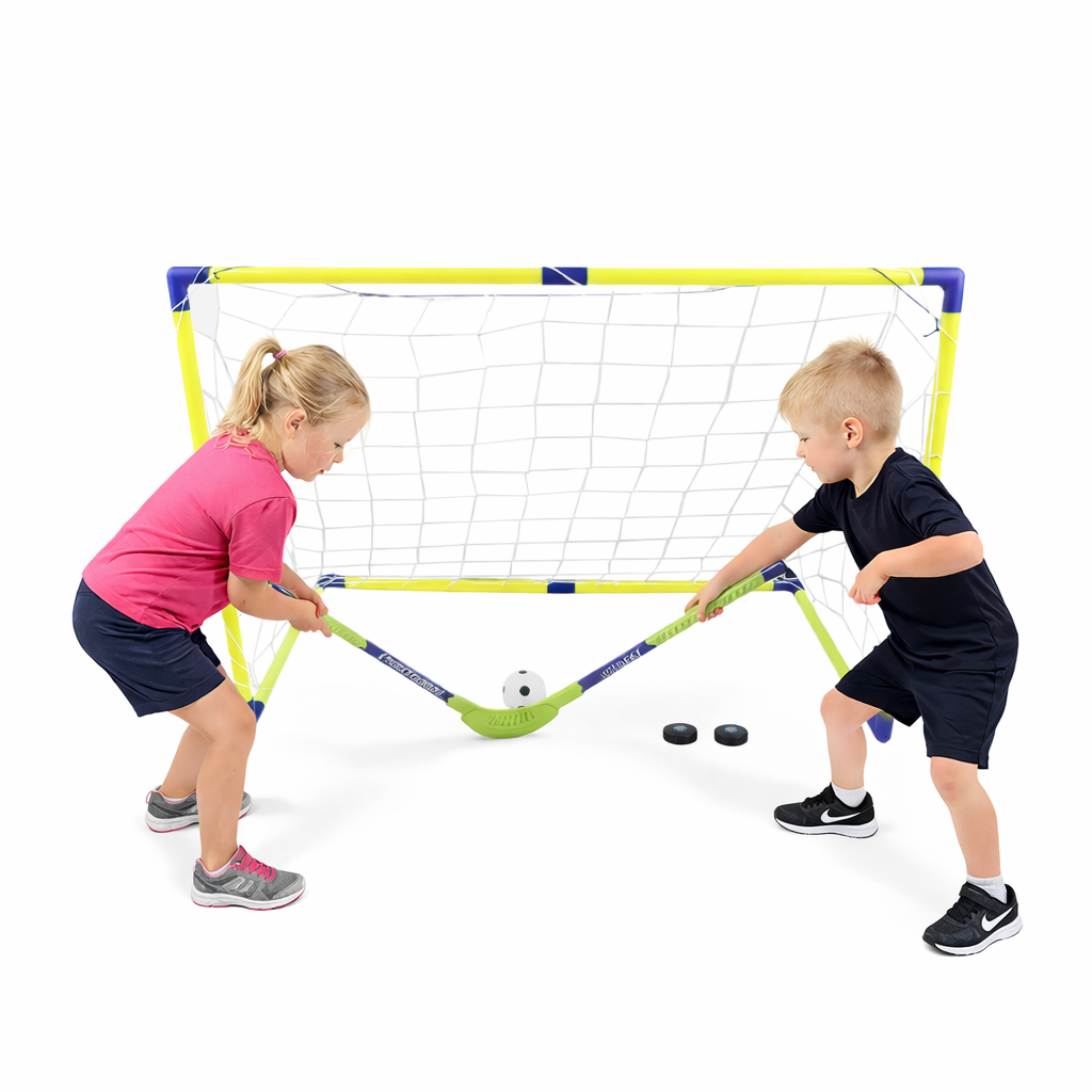 2 in 1 Goal Net Football & Hockey Kids Folding Set Ball Pucks Outdoor