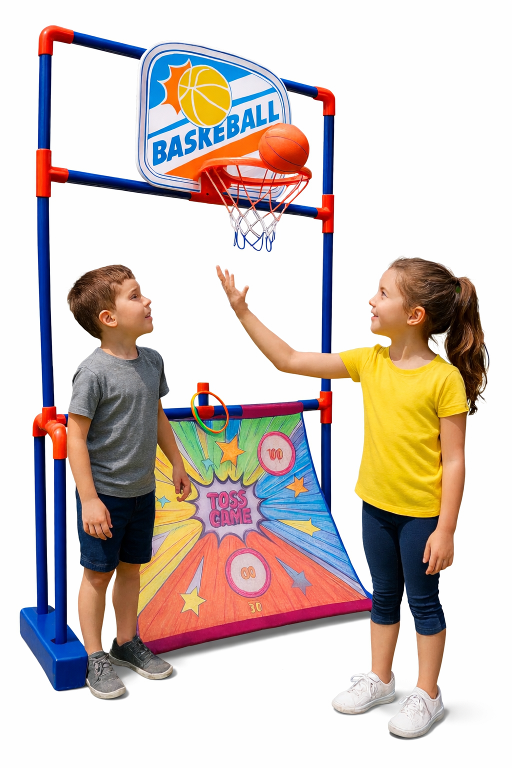 4-in-1 Kids Throwing Game Set – Basketball Hoop, Bean Bag Toss & Football Fun, Arcade Game