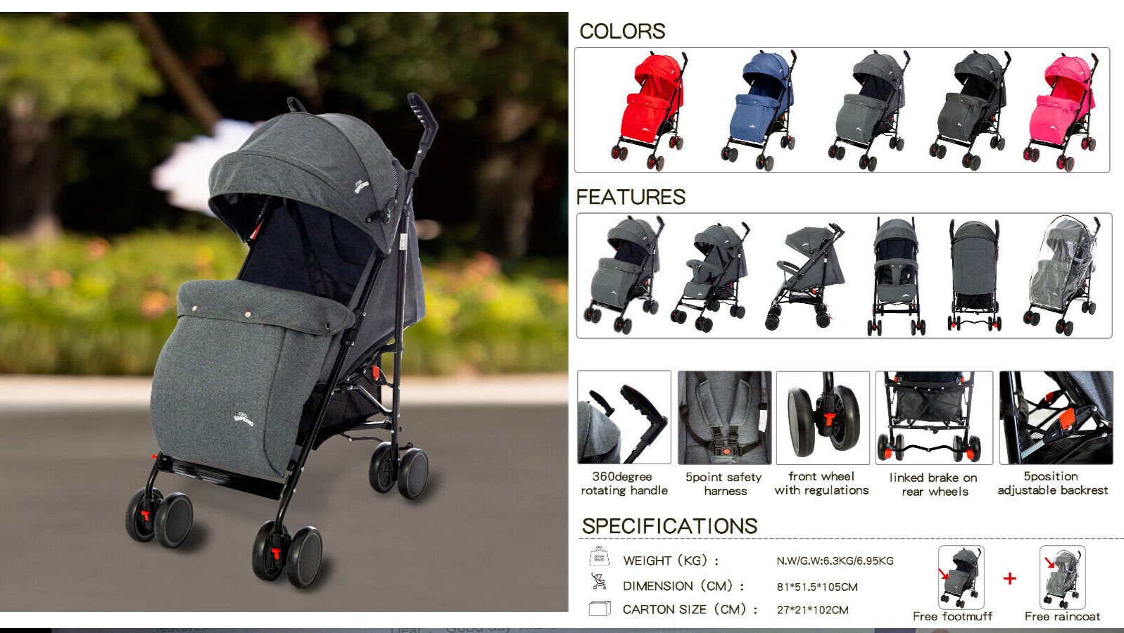 Foldable Reclinable Stroller Buggy Pram includes Rain Cover & Footmuff