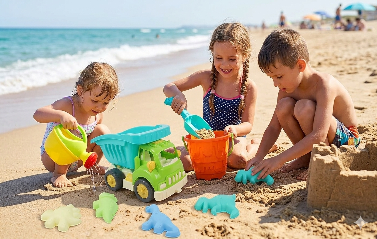 Sand Truck & Accessories 9 Pcs Summer Toy Spade Fork Beach Garden Outdoor Kids