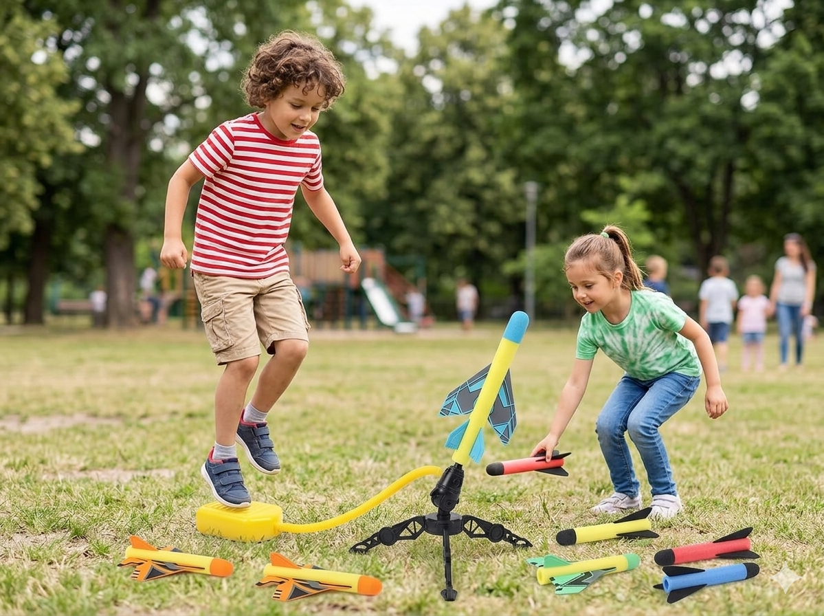 6pcs Foam Rocket Launcher Toy Kids Outdoor Garden Game with Rockets & Planes