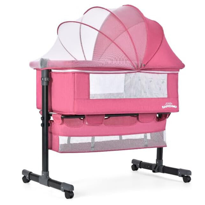 Bedside Crib for Baby Bassinet Sleeper with Wheels, Height Adjustable Tilts Pink