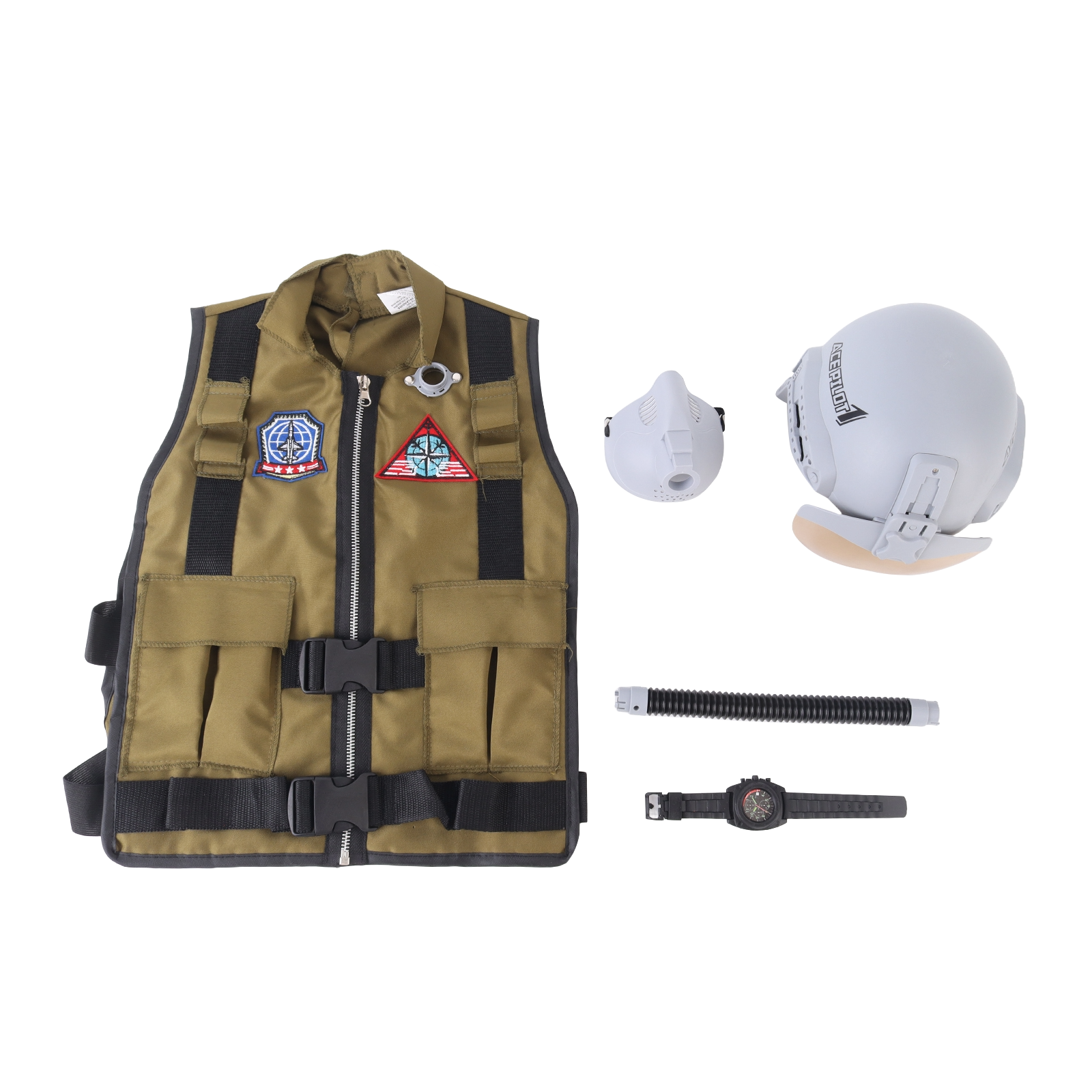 Kids Fighter Jet Pilot Costume Military Pretend Play Outfit Vest, Helmet, Mask