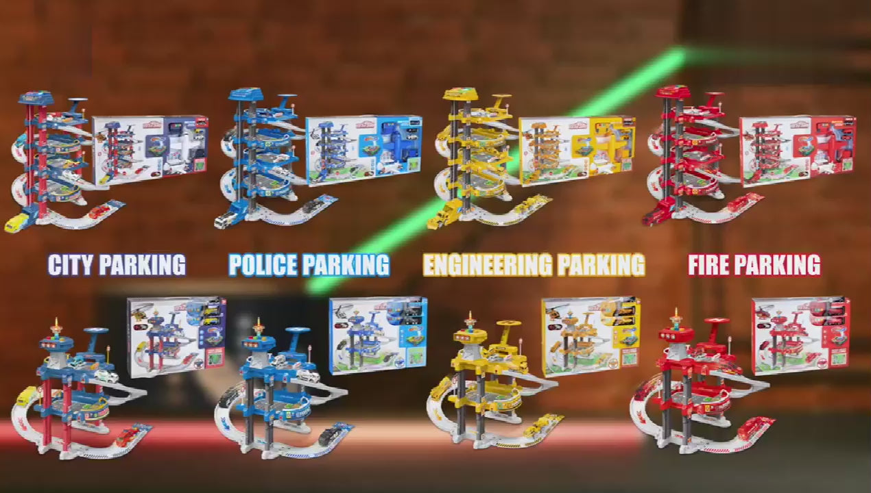 Kids Parking Garage Spiral Track 5 Levels Emergency Service Car Toy Set Play Mat
