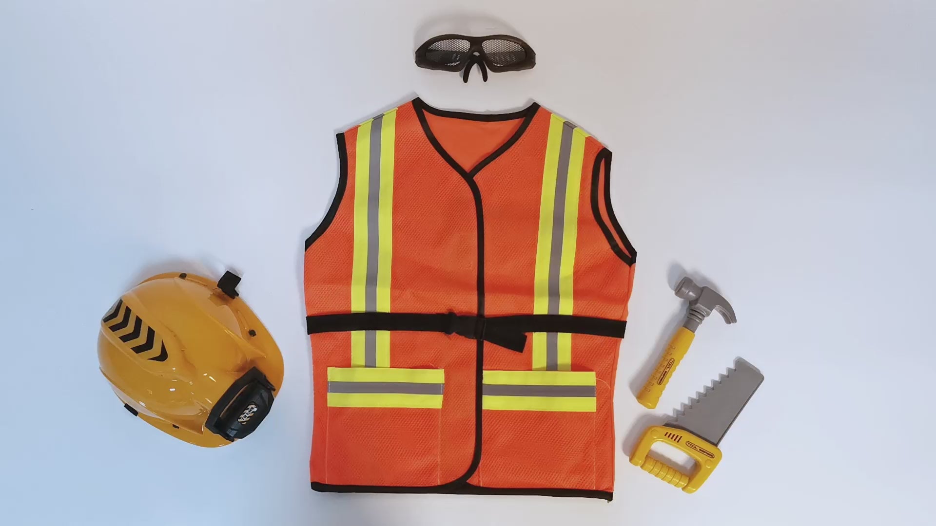Kids Construction Worker Costume Set with Helmet Hammer Saw Vest Pretend Play