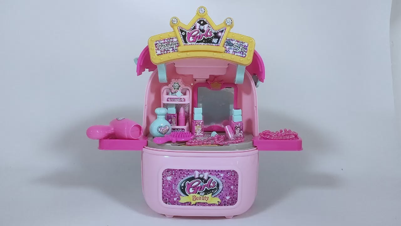 Girls 2in1 Table Vanity Mirror Portable Rolling Case Set Pretend Play Toy Pink