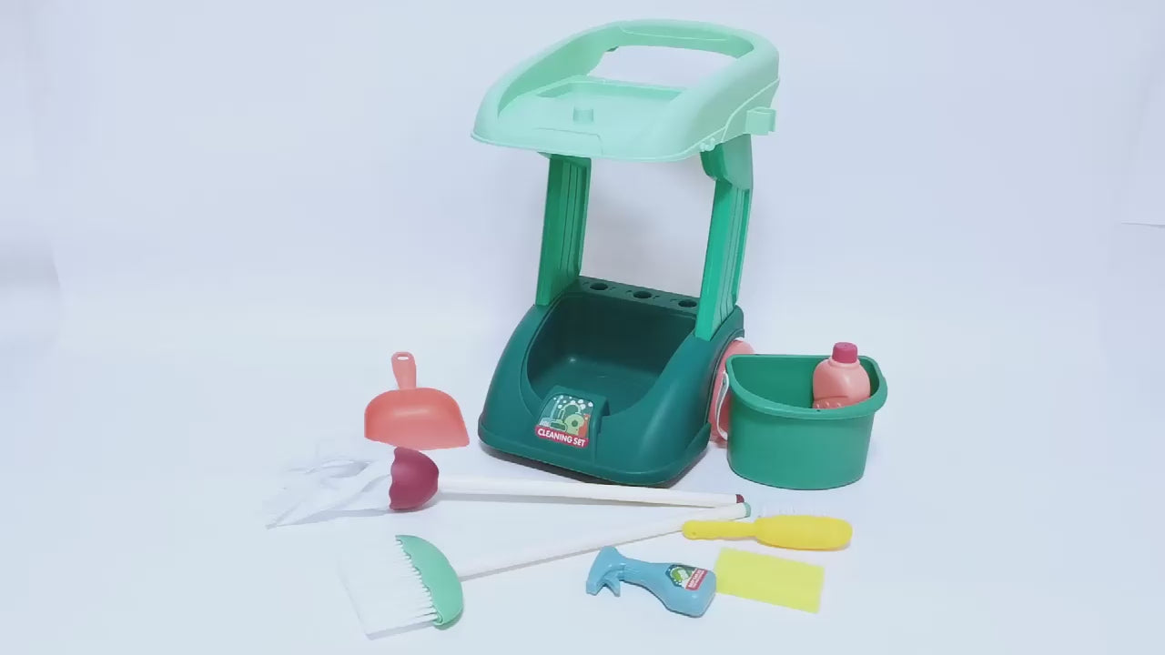 Cleaning Housework Pretend Trolley & Vacuum Toy Mop Brushes Two Play Sets Green
