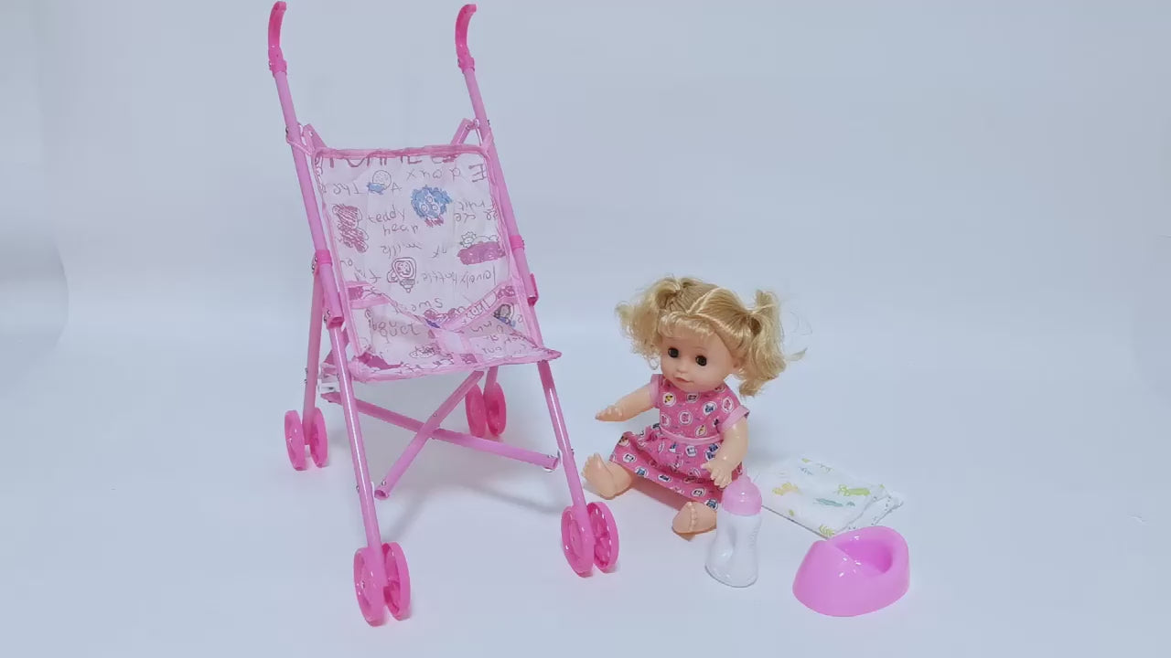 Baby Doll Stroller Set Toy Push Doll Nurturing Pretend Playset Girls Pink 14"